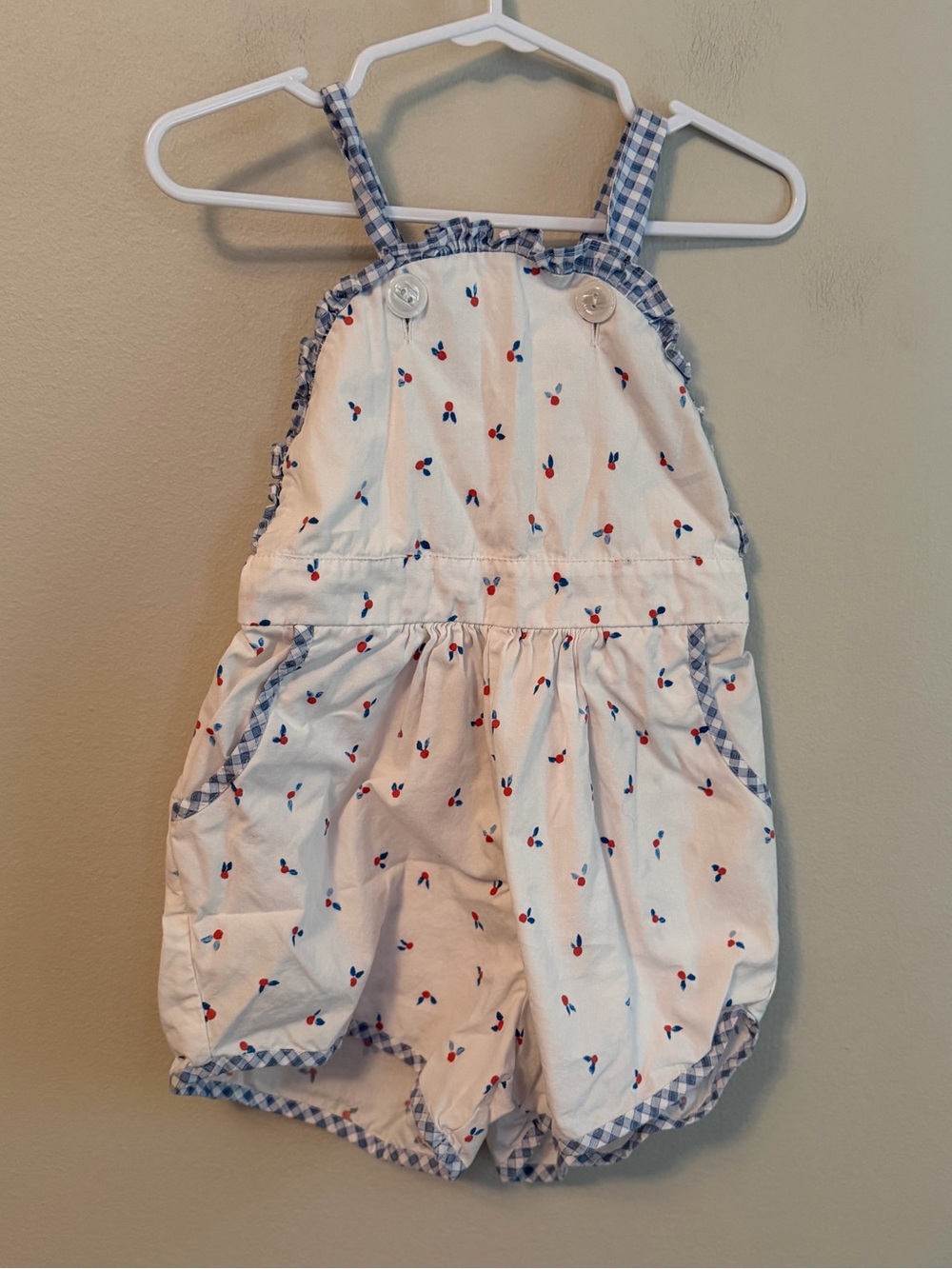 James & Lottie White Cherry Print Gingham-Trim Romper